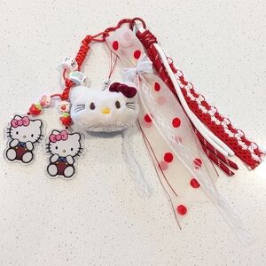 Handmade Hello Kitty Red White Beaded Bag Charm Keychain Plush Ribbon Kawaii